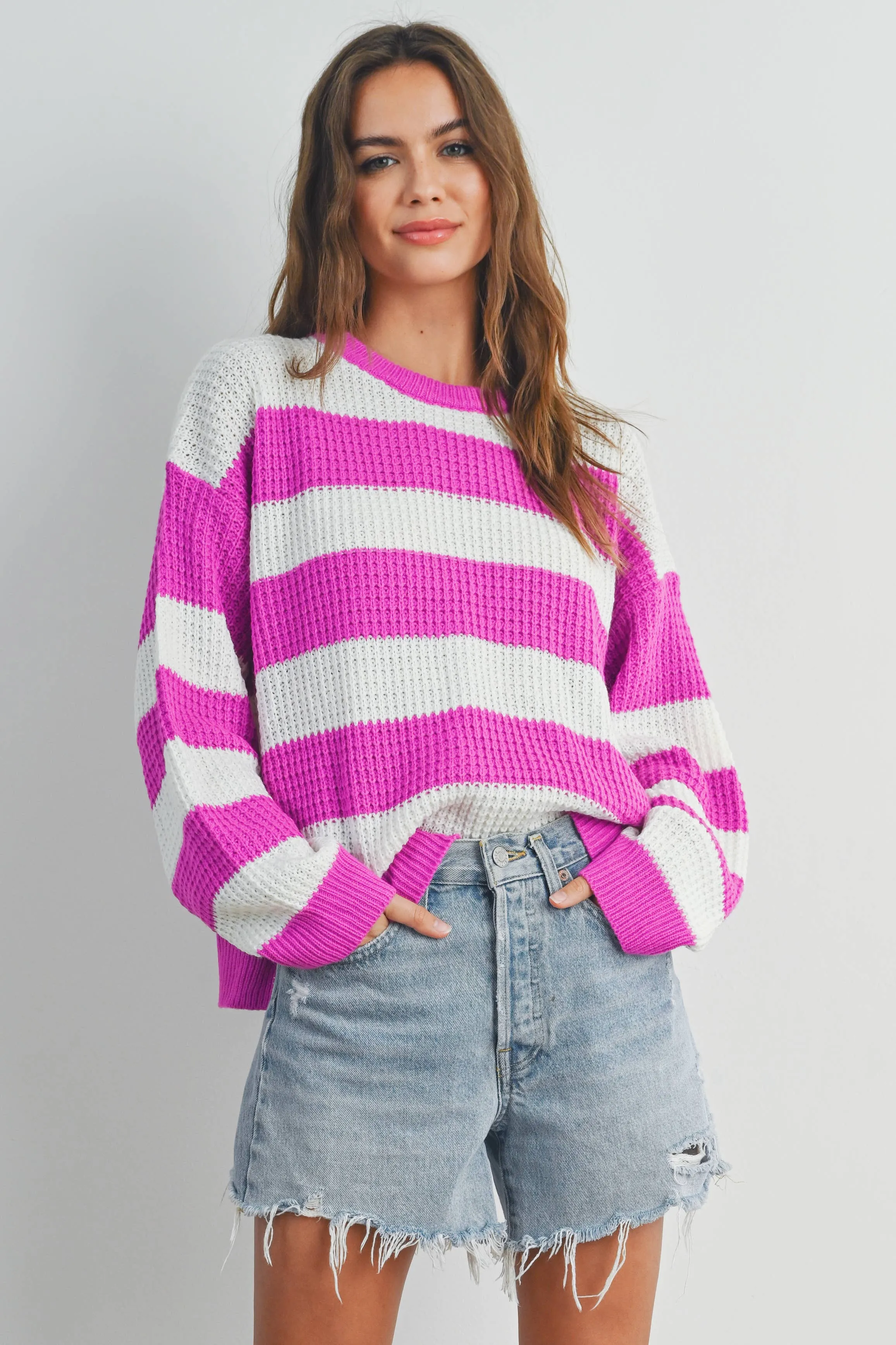 STRIPED ROUND NECK LONG SLEEVE SWEATER