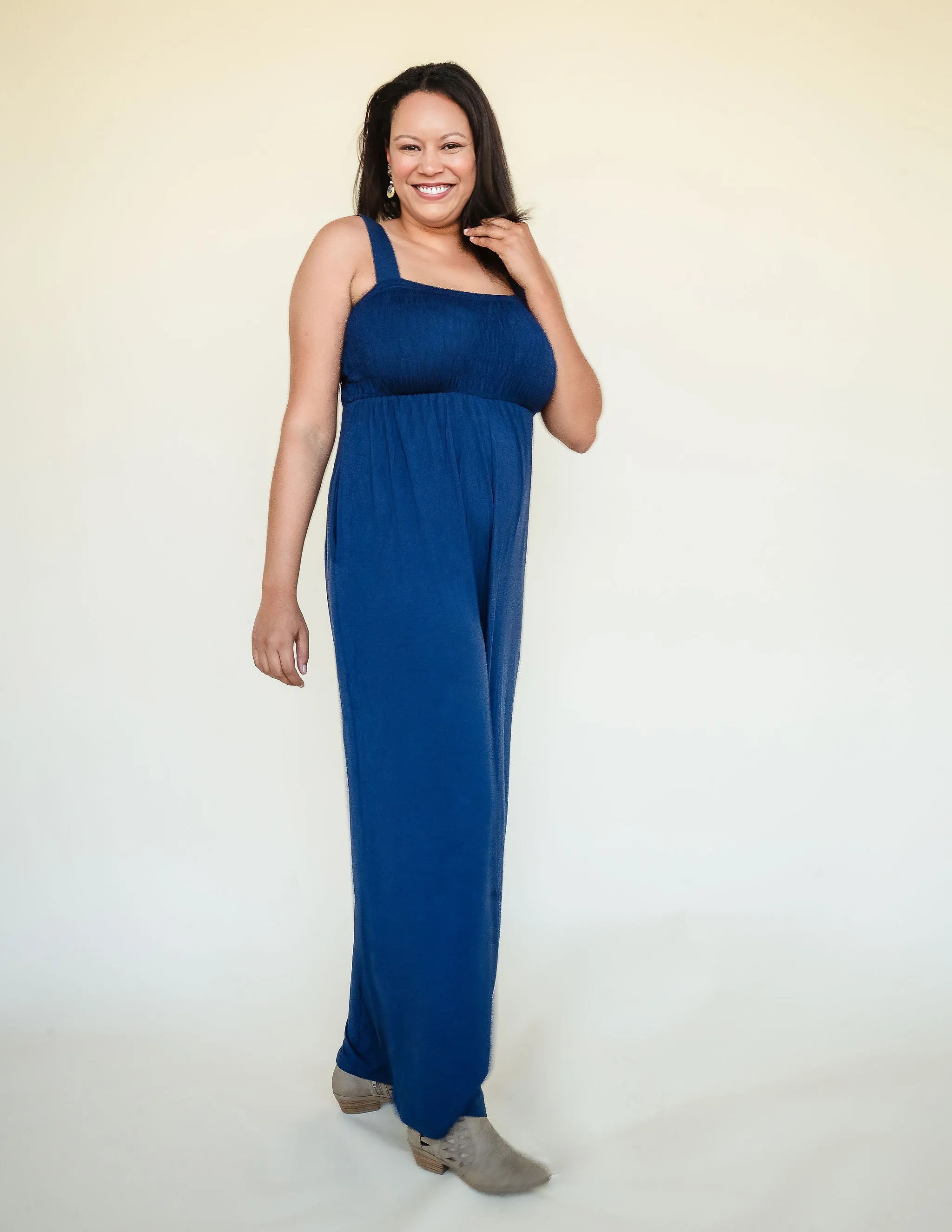 Tall Mallory Smocked Jumpsuit-Navy