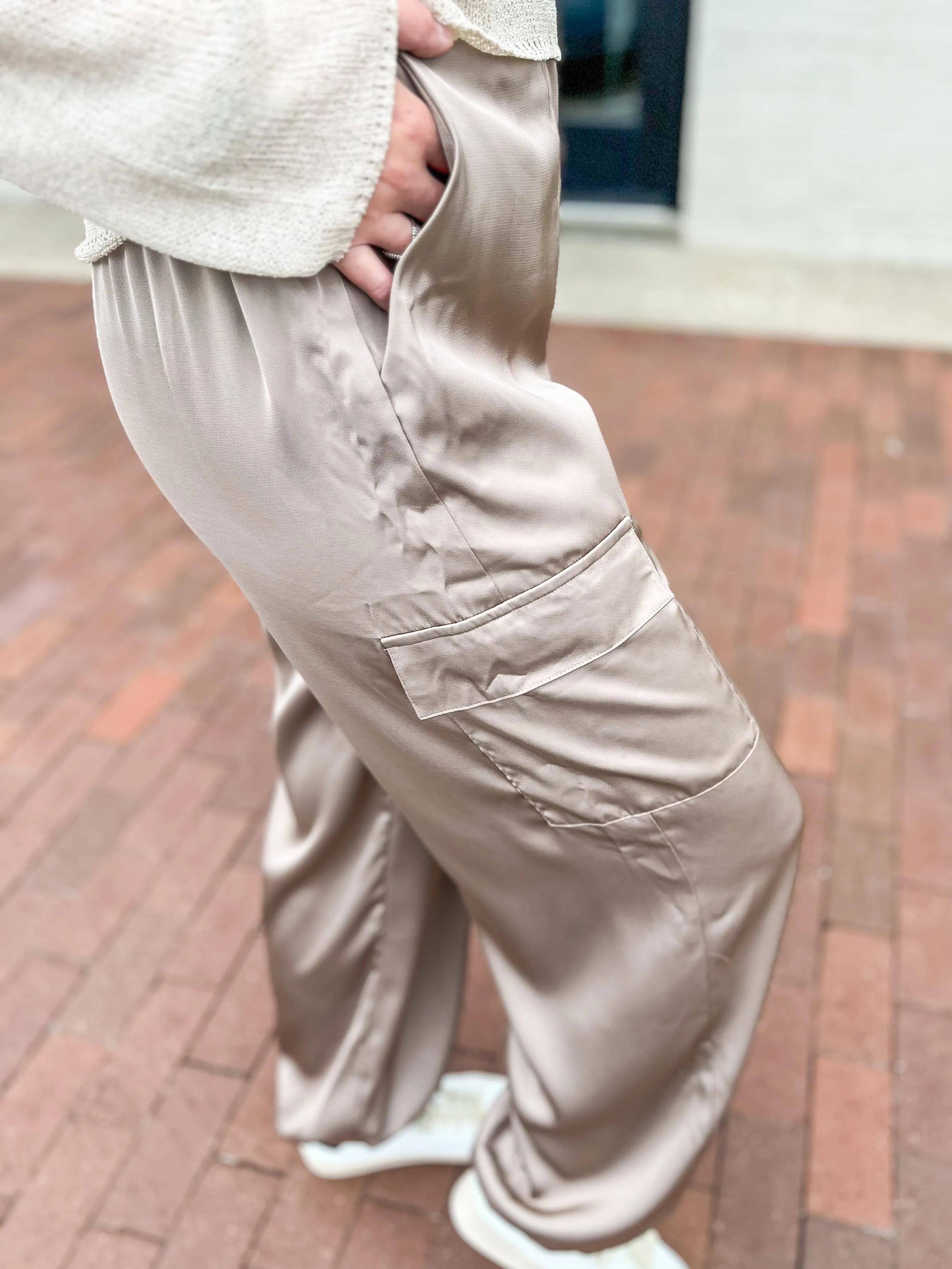 Taupe Satin Cargo Joggers