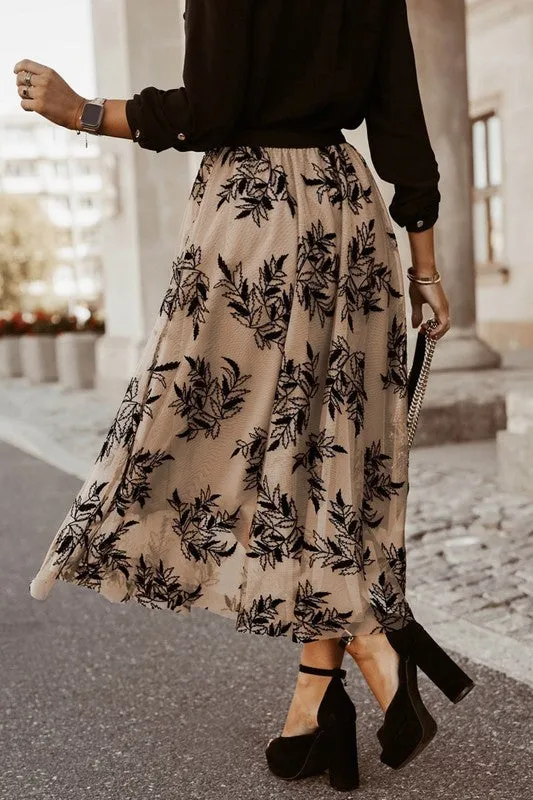 TEEK - Apricot Floral Leaves Embroidered High Waist Skirt