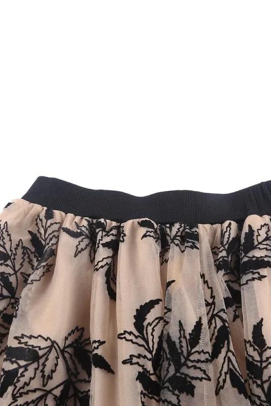 TEEK - Apricot Floral Leaves Embroidered High Waist Skirt