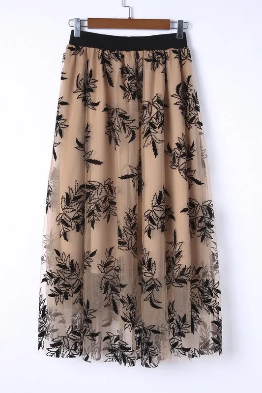 TEEK - Apricot Floral Leaves Embroidered High Waist Skirt