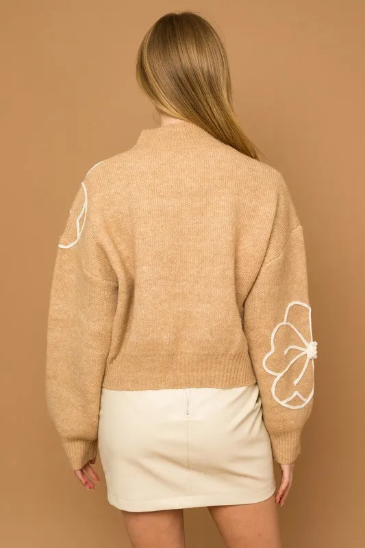 TEEK - Flower Embroidery Mock Neck Sweater