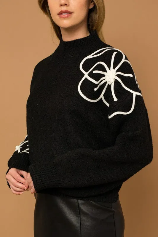 TEEK - Flower Embroidery Mock Neck Sweater