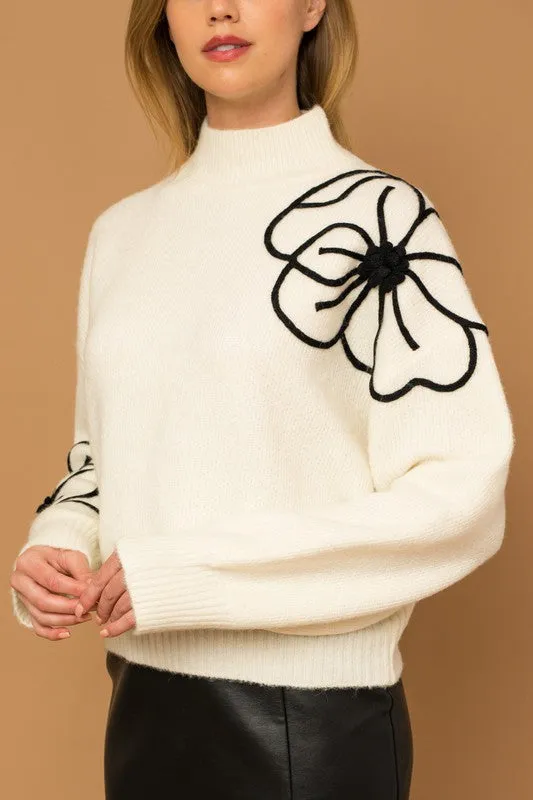 TEEK - Flower Embroidery Mock Neck Sweater