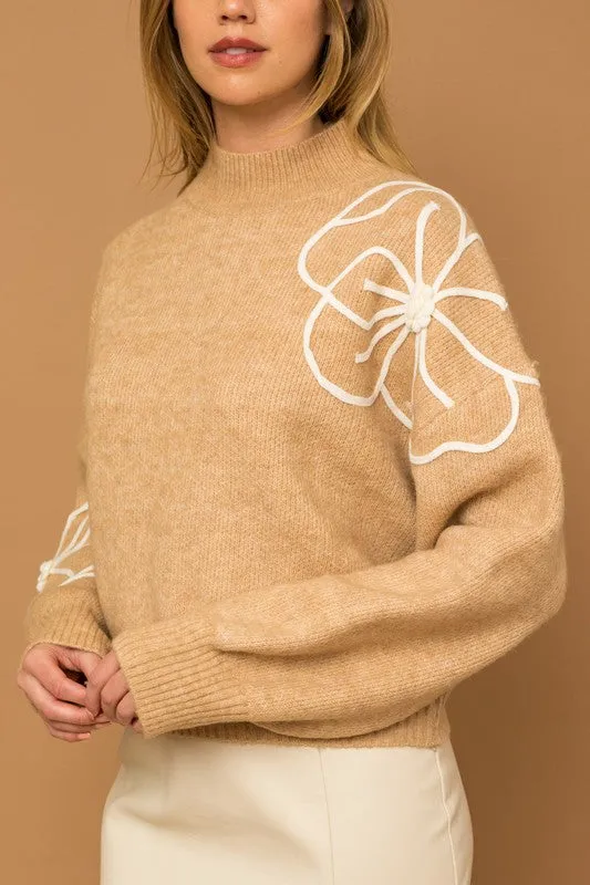 TEEK - Flower Embroidery Mock Neck Sweater