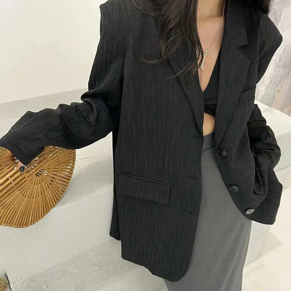 Temperament Solid Blazers For Women Tailored Collar Long Sleeve Patchwork Pockets Loose Blazer Female Fashion