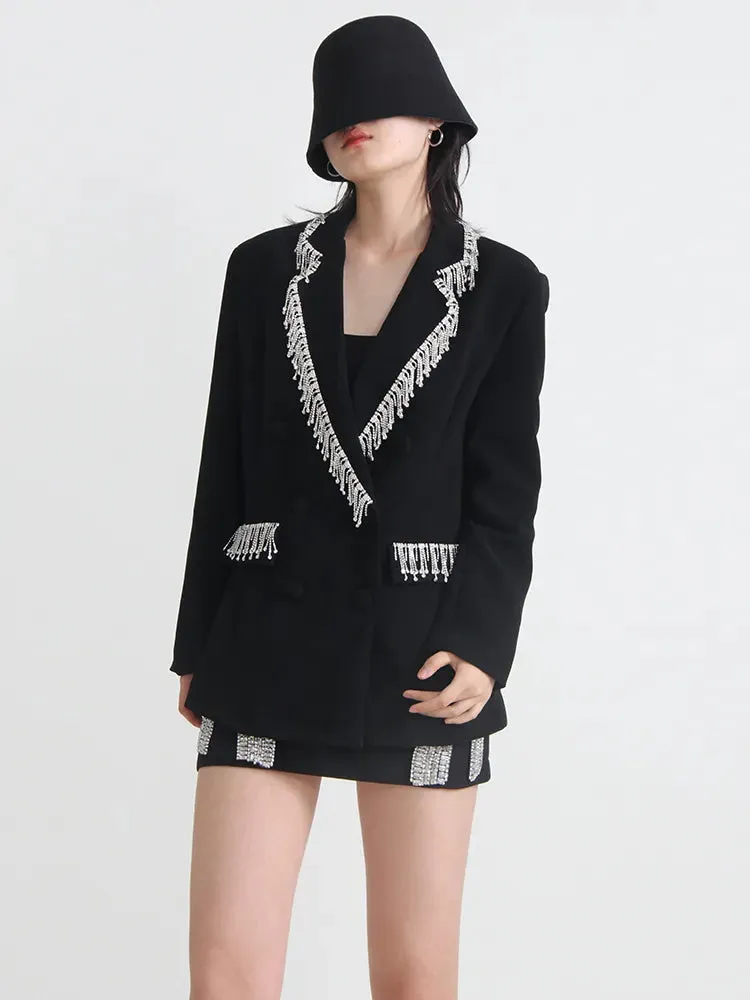 Temperament Spliced Tassel Blazers For Women Notched Collar Long Sleeve Solid Blazer Female Fashion Clothing