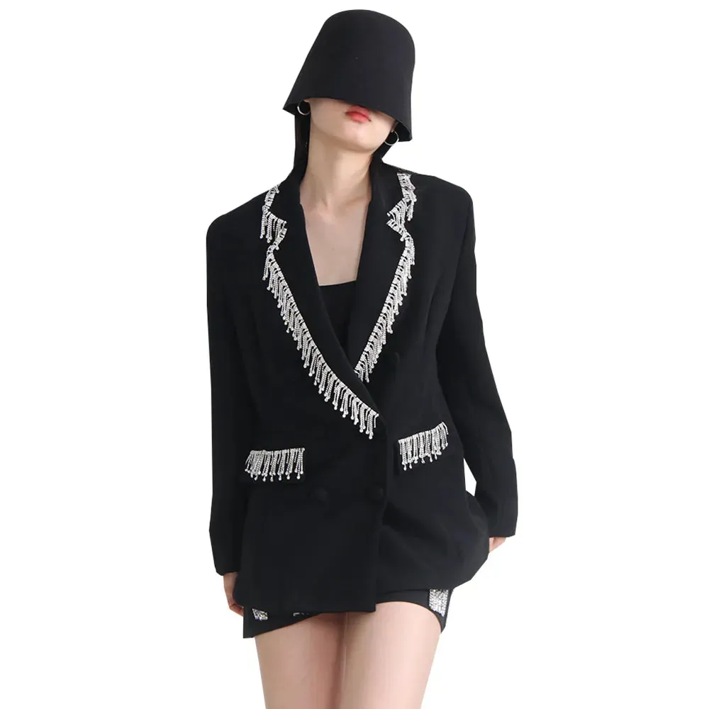 Temperament Spliced Tassel Blazers For Women Notched Collar Long Sleeve Solid Blazer Female Fashion Clothing