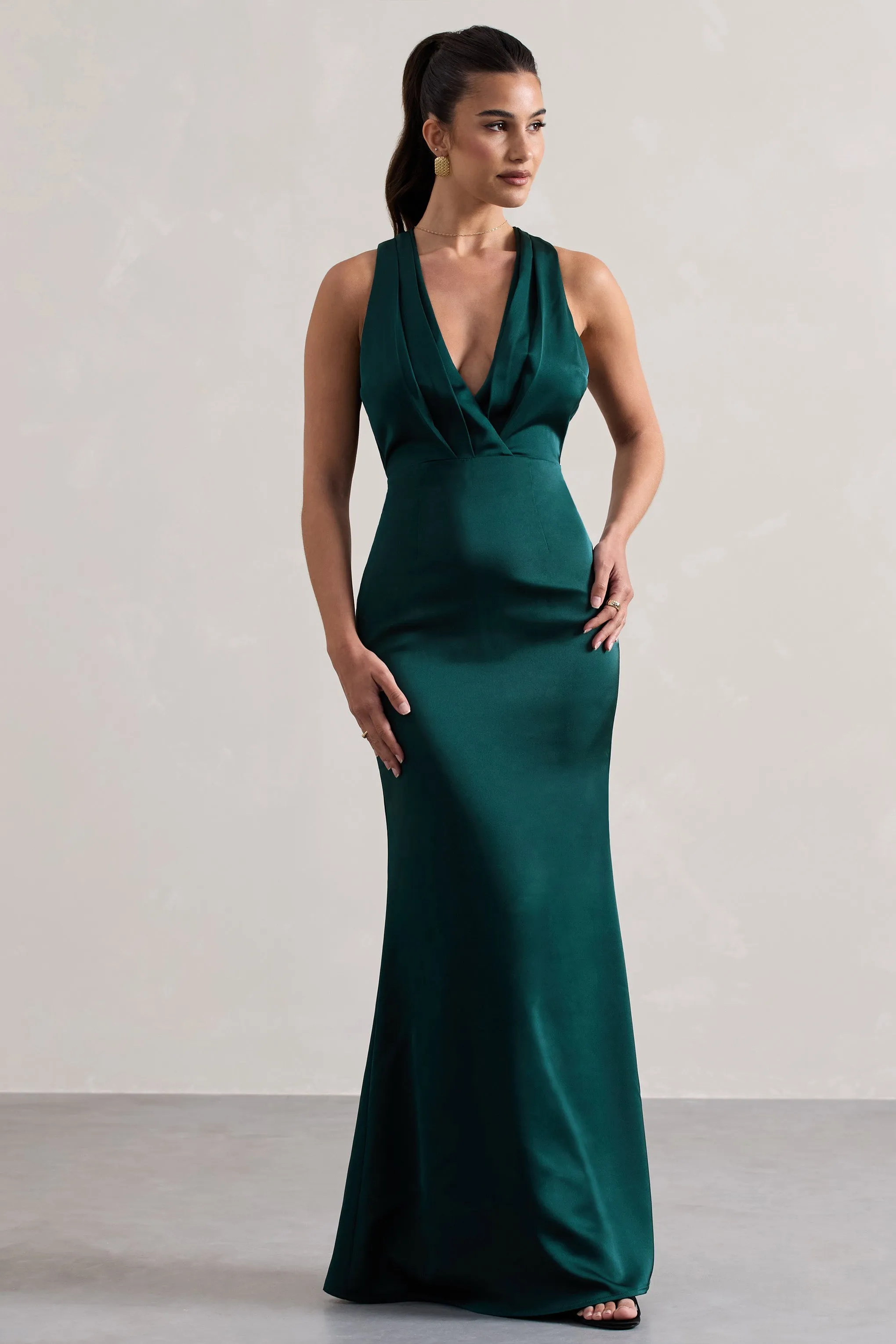 Tiffany | Bottle Green Satin Plunge-Neck Maxi Dress