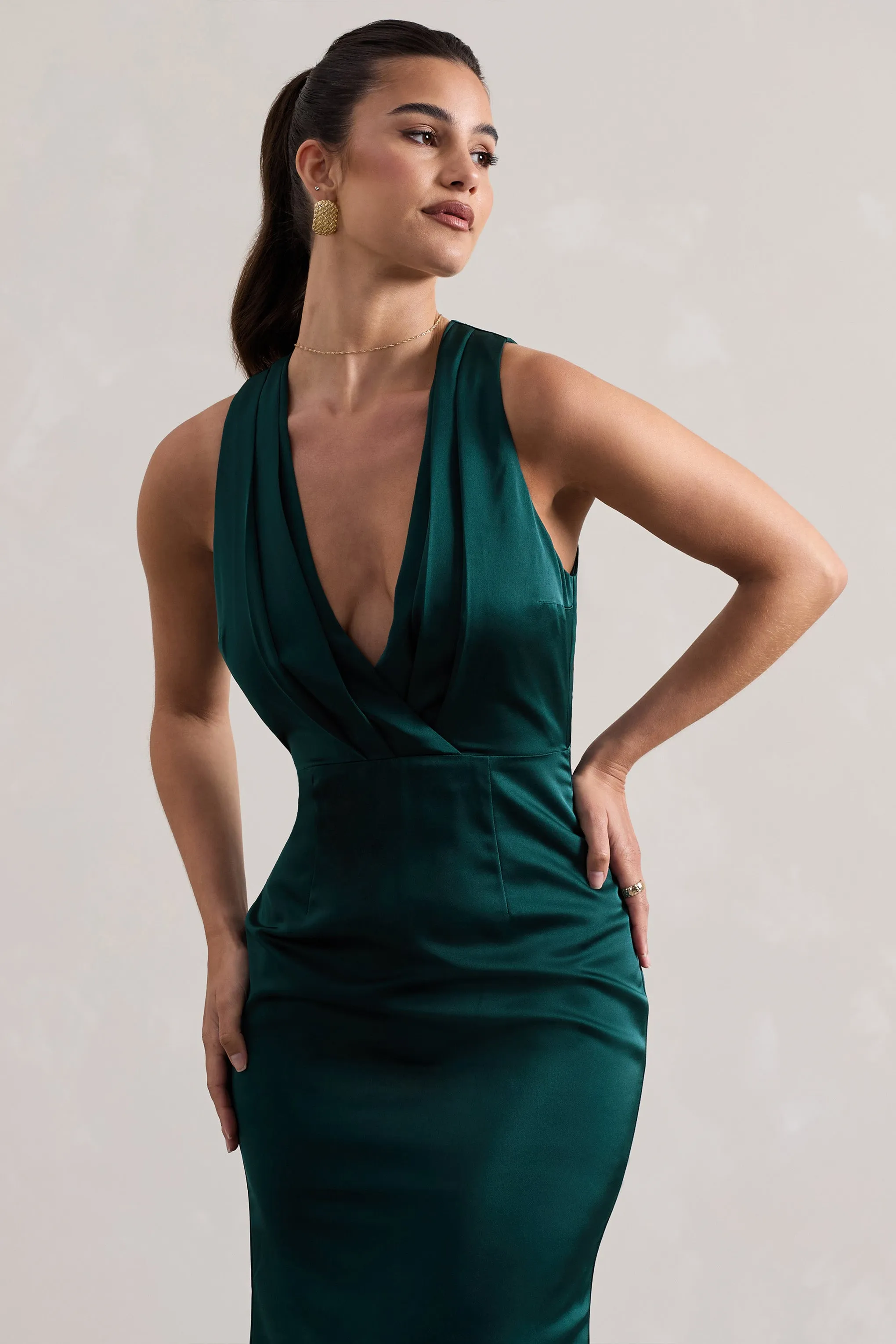 Tiffany | Bottle Green Satin Plunge-Neck Maxi Dress