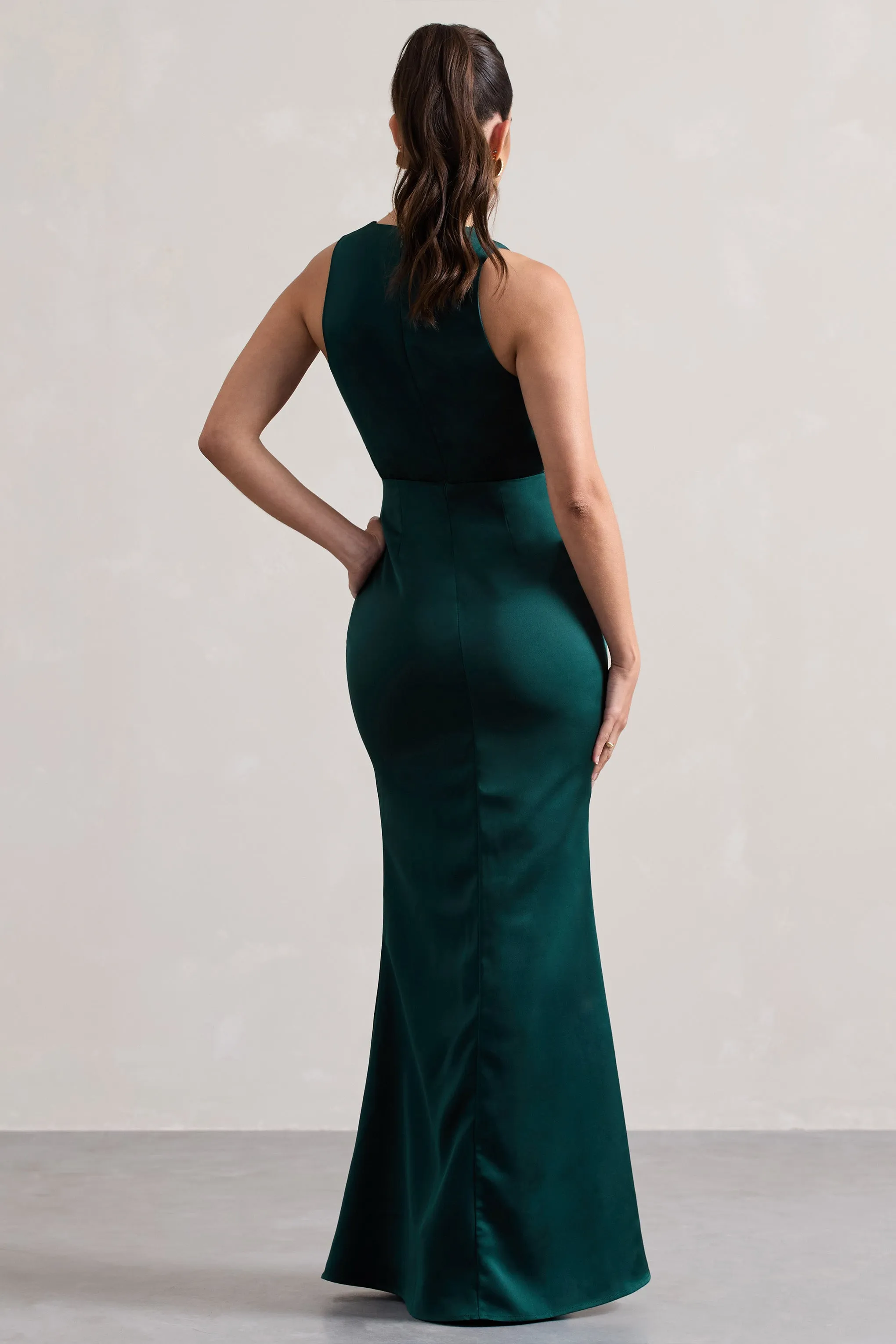 Tiffany | Bottle Green Satin Plunge-Neck Maxi Dress