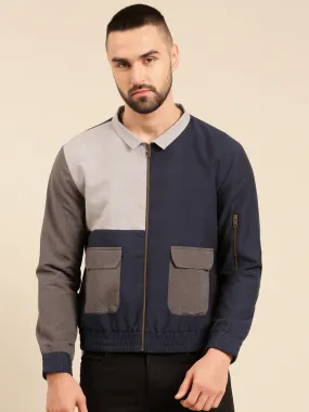 Tri Color Navy Charcoal Cotton Bomber Jacket - MMBJ024