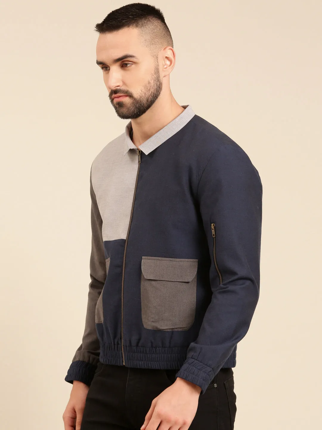 Tri Color Navy Charcoal Cotton Bomber Jacket - MMBJ024