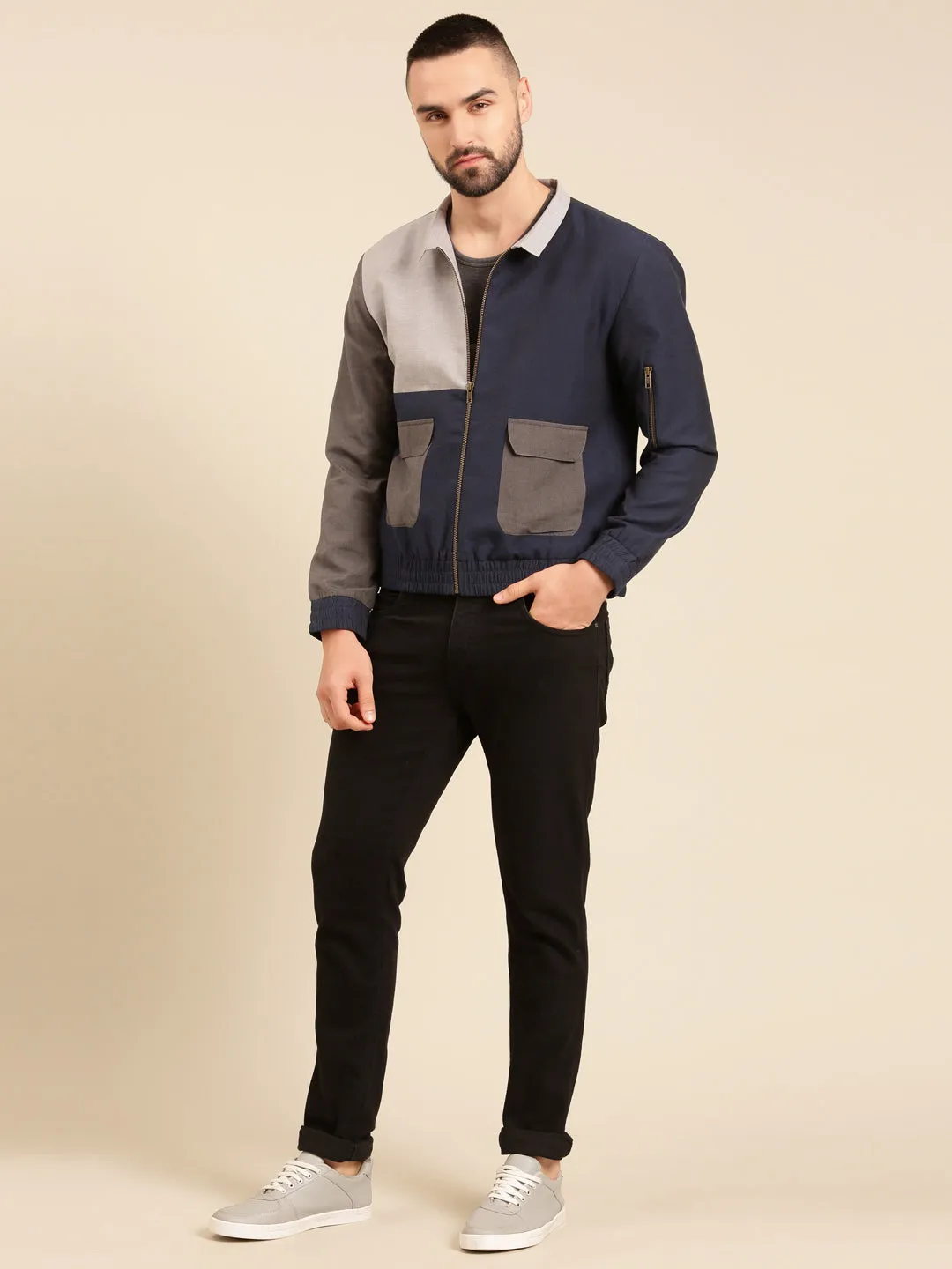 Tri Color Navy Charcoal Cotton Bomber Jacket - MMBJ024