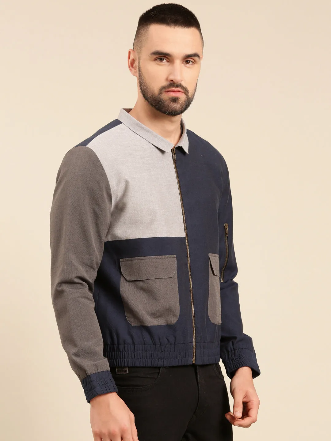 Tri Color Navy Charcoal Cotton Bomber Jacket - MMBJ024