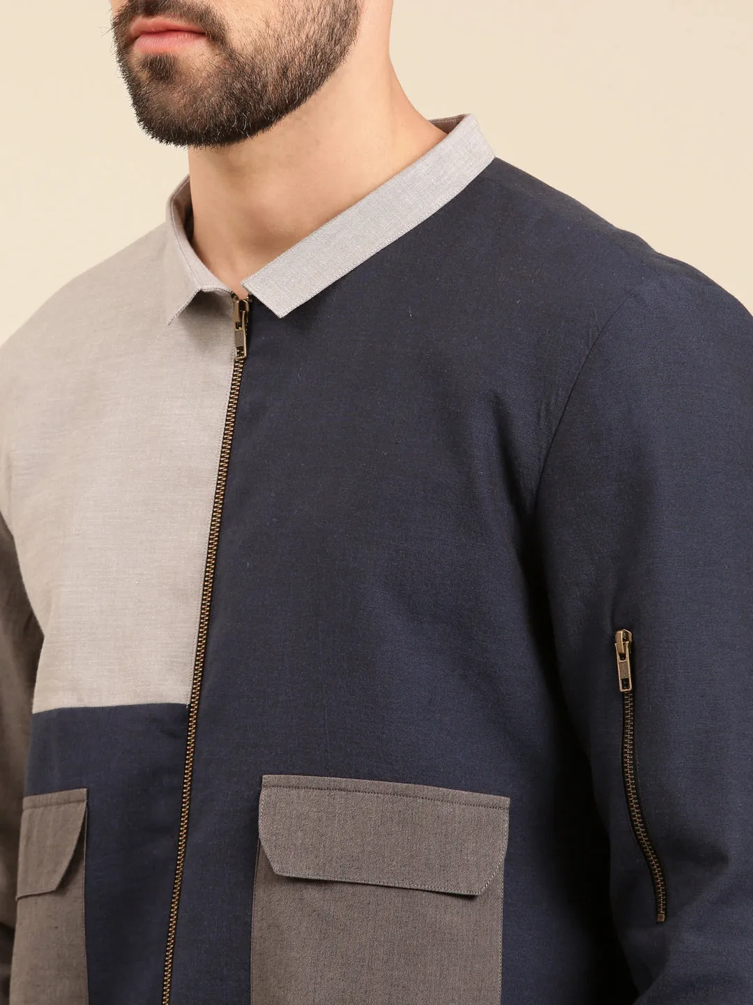 Tri Color Navy Charcoal Cotton Bomber Jacket - MMBJ024