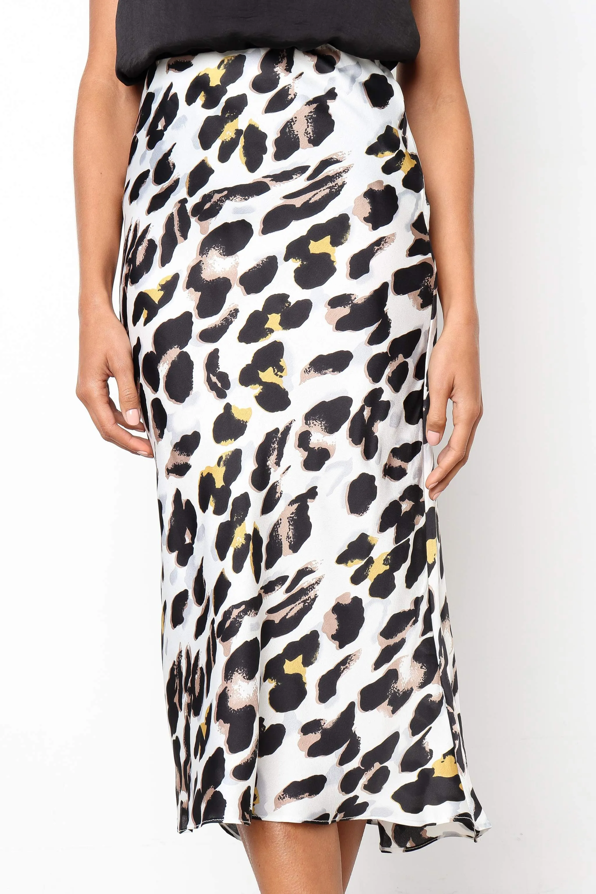 Urban Touch Satin Leopard Print Midi Slip Skirt