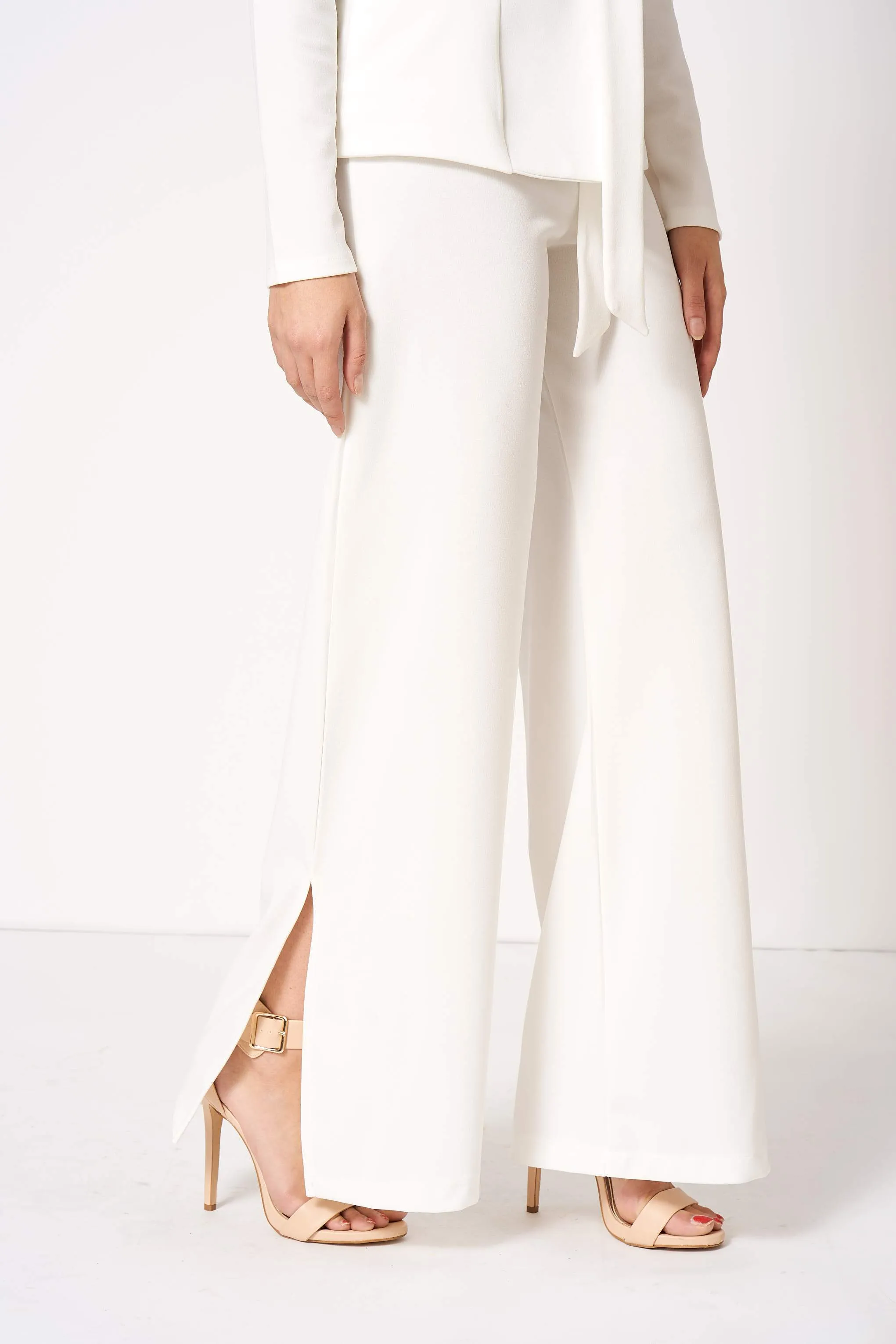 White High Waisted Side Split Trousers