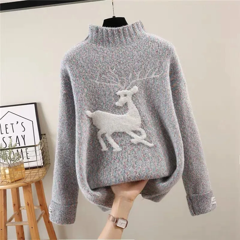 Winter Christmas Women Sweater Half Turtleneck Sweater Cartoon Pullover Knit Coat Casual Letter Long Sleeve Ladies Jumper