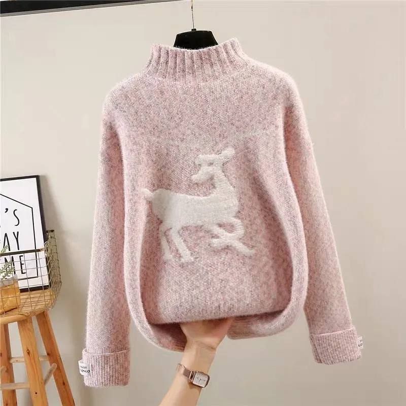 Winter Christmas Women Sweater Half Turtleneck Sweater Cartoon Pullover Knit Coat Casual Letter Long Sleeve Ladies Jumper