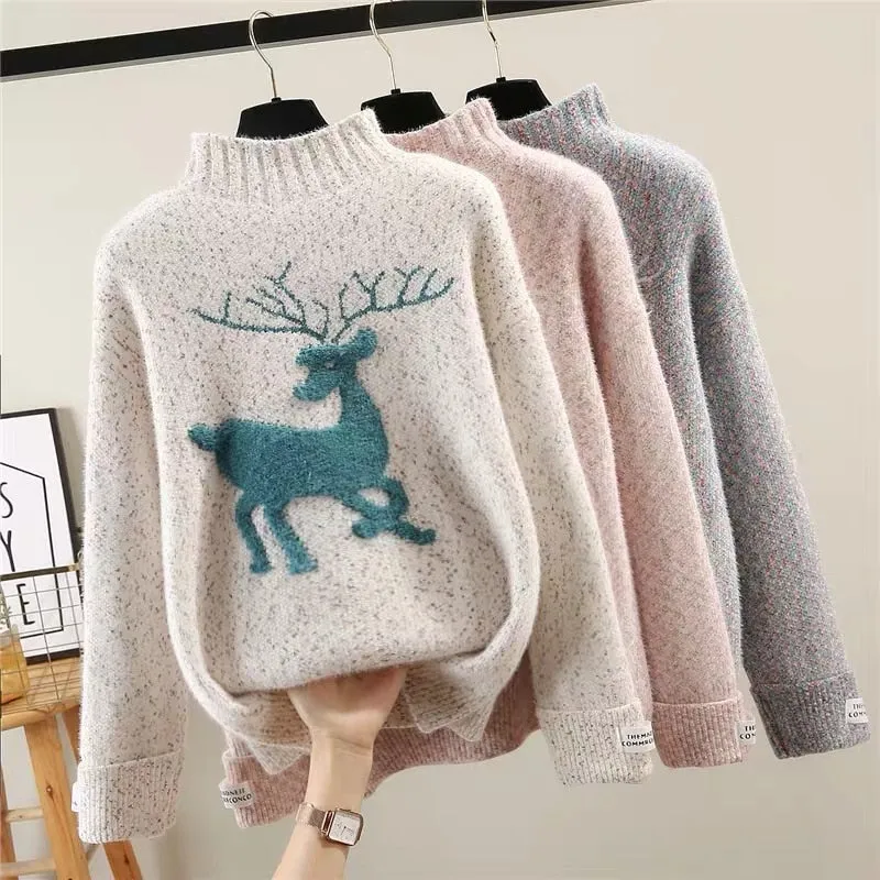 Winter Christmas Women Sweater Half Turtleneck Sweater Cartoon Pullover Knit Coat Casual Letter Long Sleeve Ladies Jumper