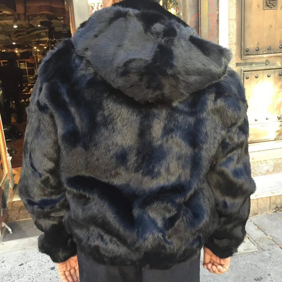 Winter Fur Men's Black Bomber Rabbit Fur Coat