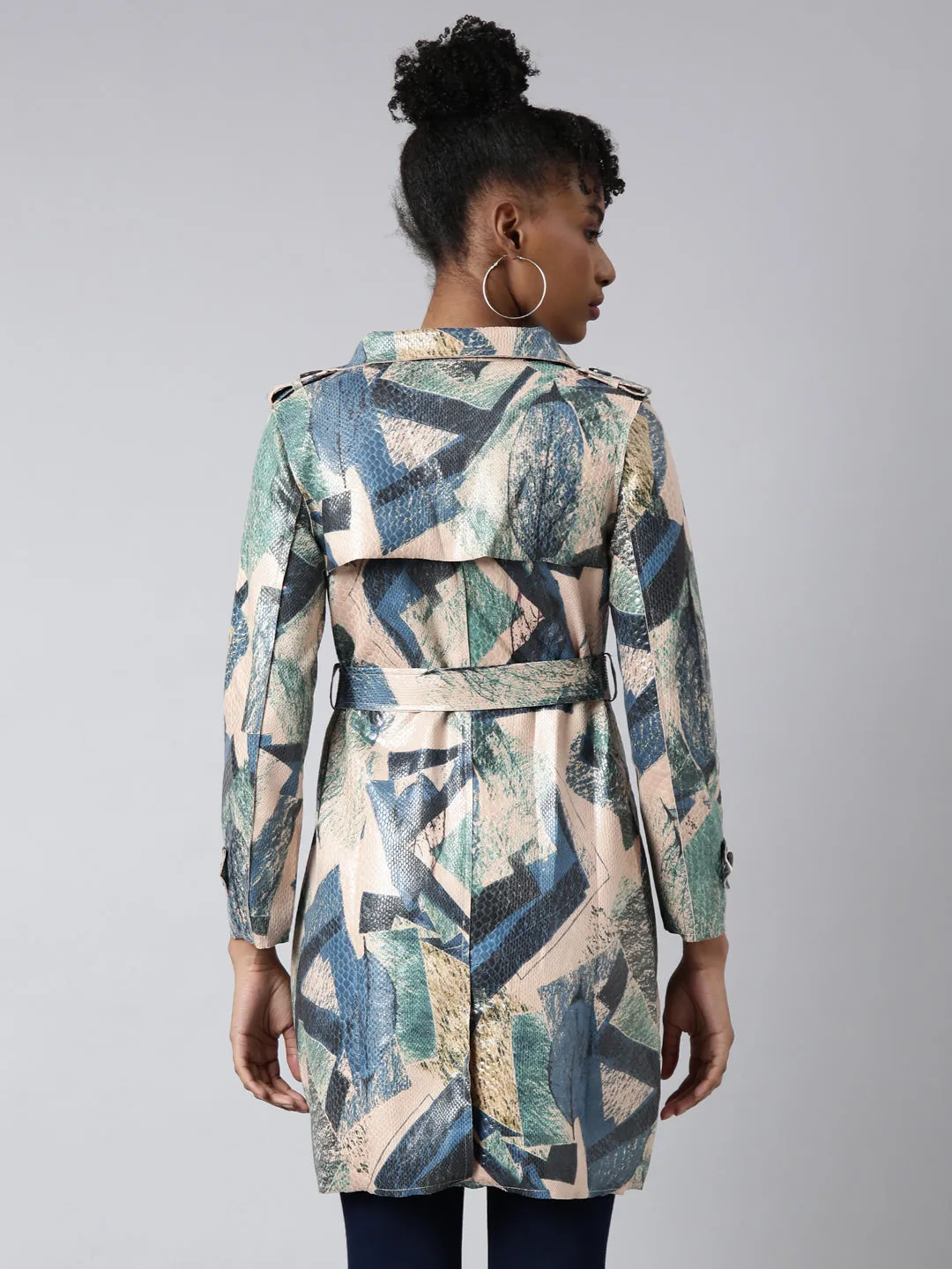 Women Abstract Longline Green Trench Coat