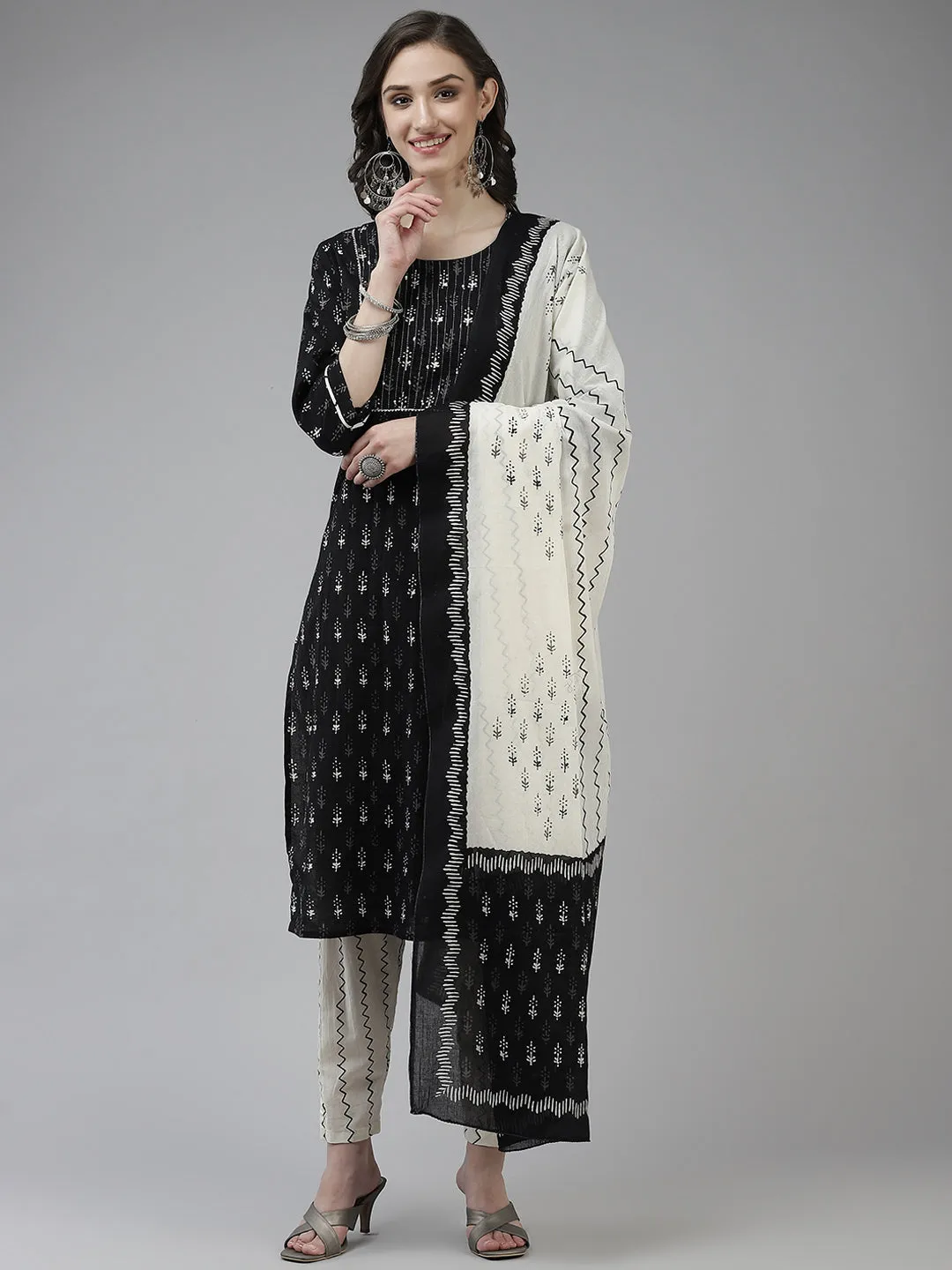 Women Black And Off White Cotton Printed Kurta With Trouser & Dupatta