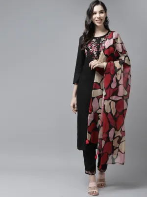 Women Black Rayon Kurta Set With Dupatta