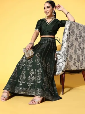 Women Emerald Green Crop Top With Foil Anarkali Skirt