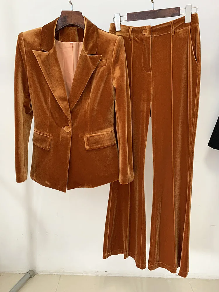 Women Green Velvet Blazer   Flare Trousers Suit