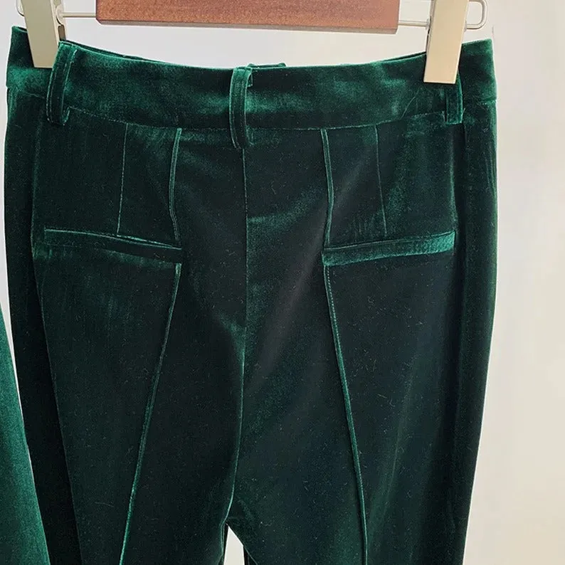 Women Green Velvet Blazer   Flare Trousers Suit