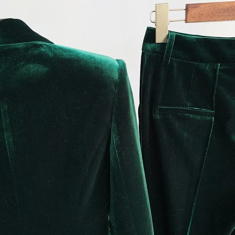 Women Green Velvet Blazer   Flare Trousers Suit