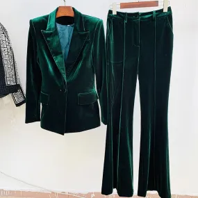 Women Green Velvet Blazer   Flare Trousers Suit