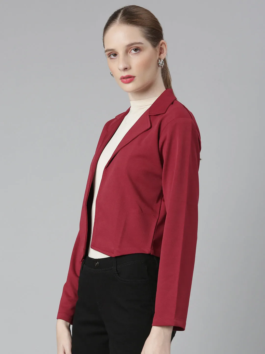 Women Maroon Solid Blazer