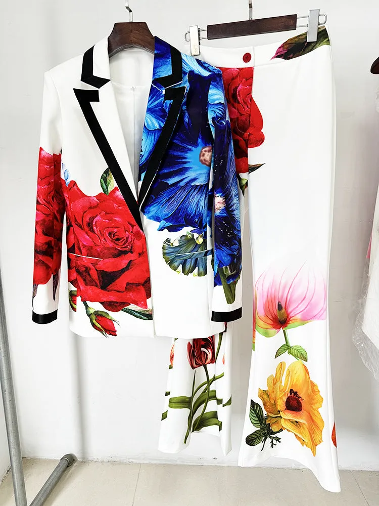 Women Multi-Color Flowers Pants Suit Fitted Blazer   Flare Trousers