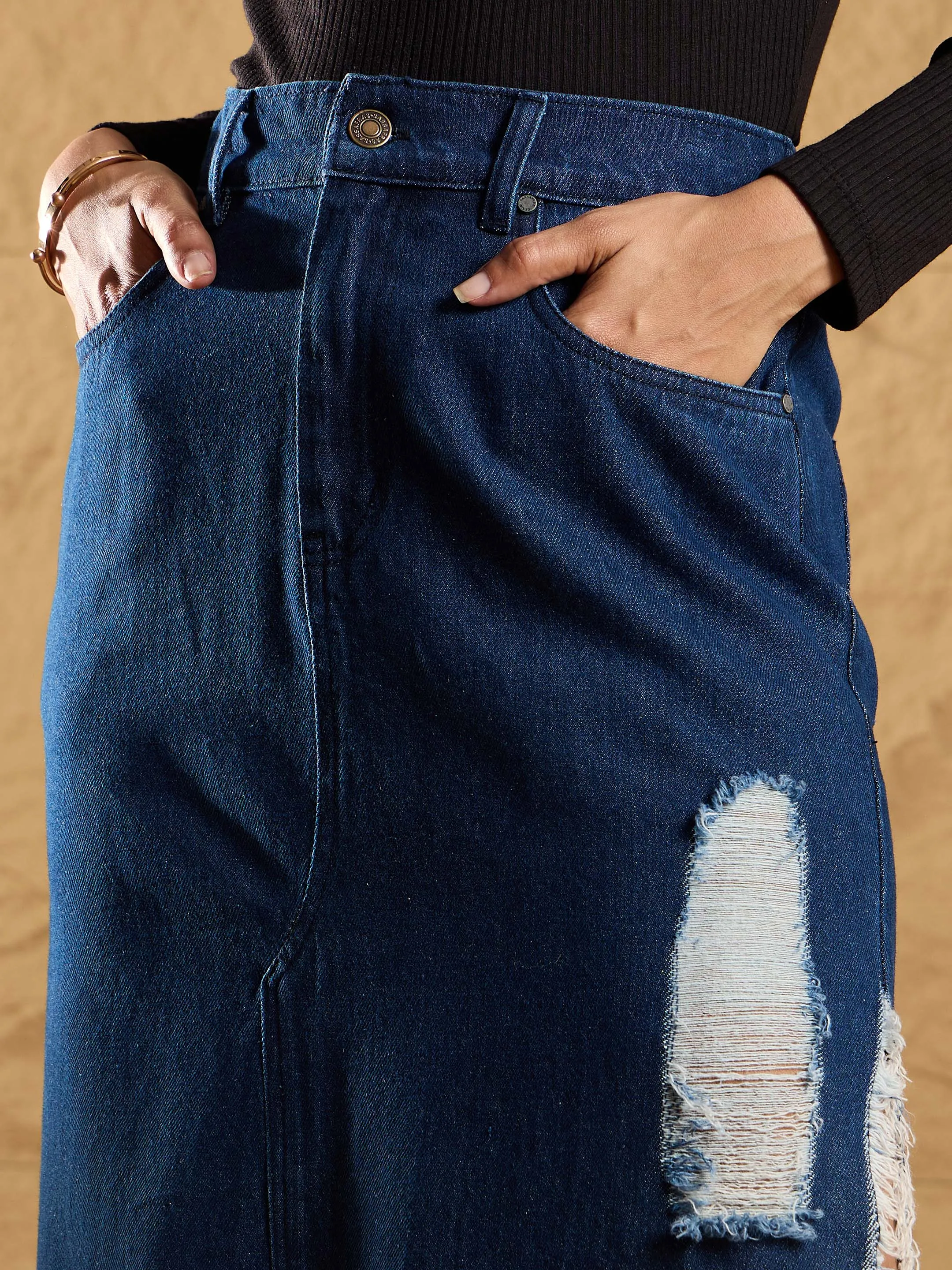 Women Navy Distressed Side Slit Maxi Skirt