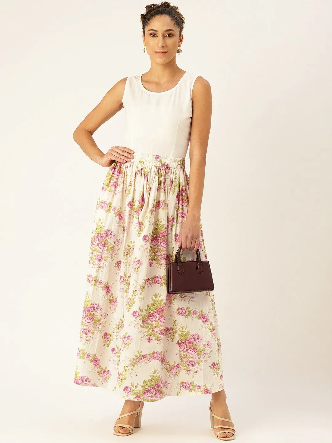 Women Off White Floral Printed Skirt