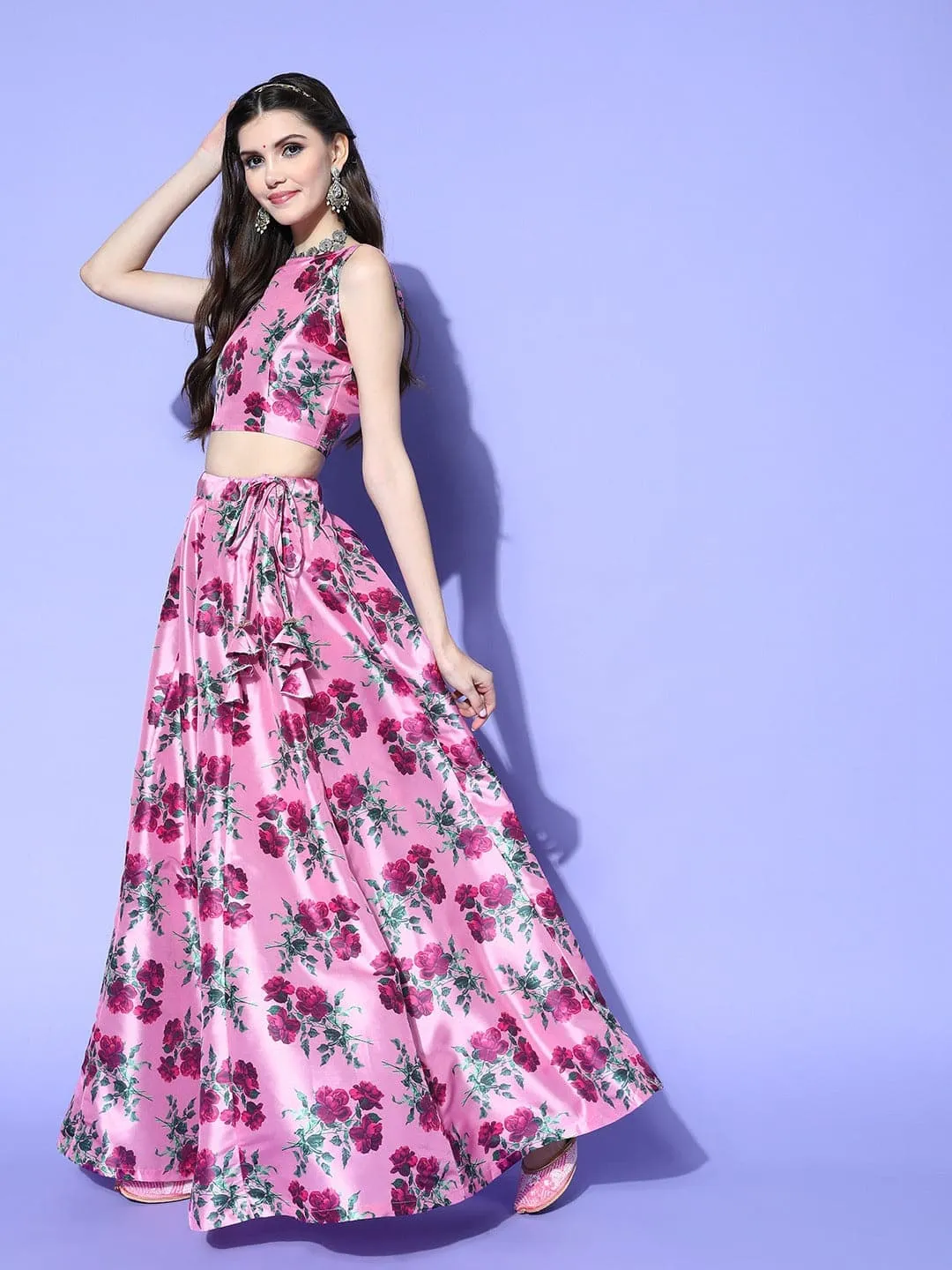 Women Pink Floral Crop Top With Anarkali Skirt