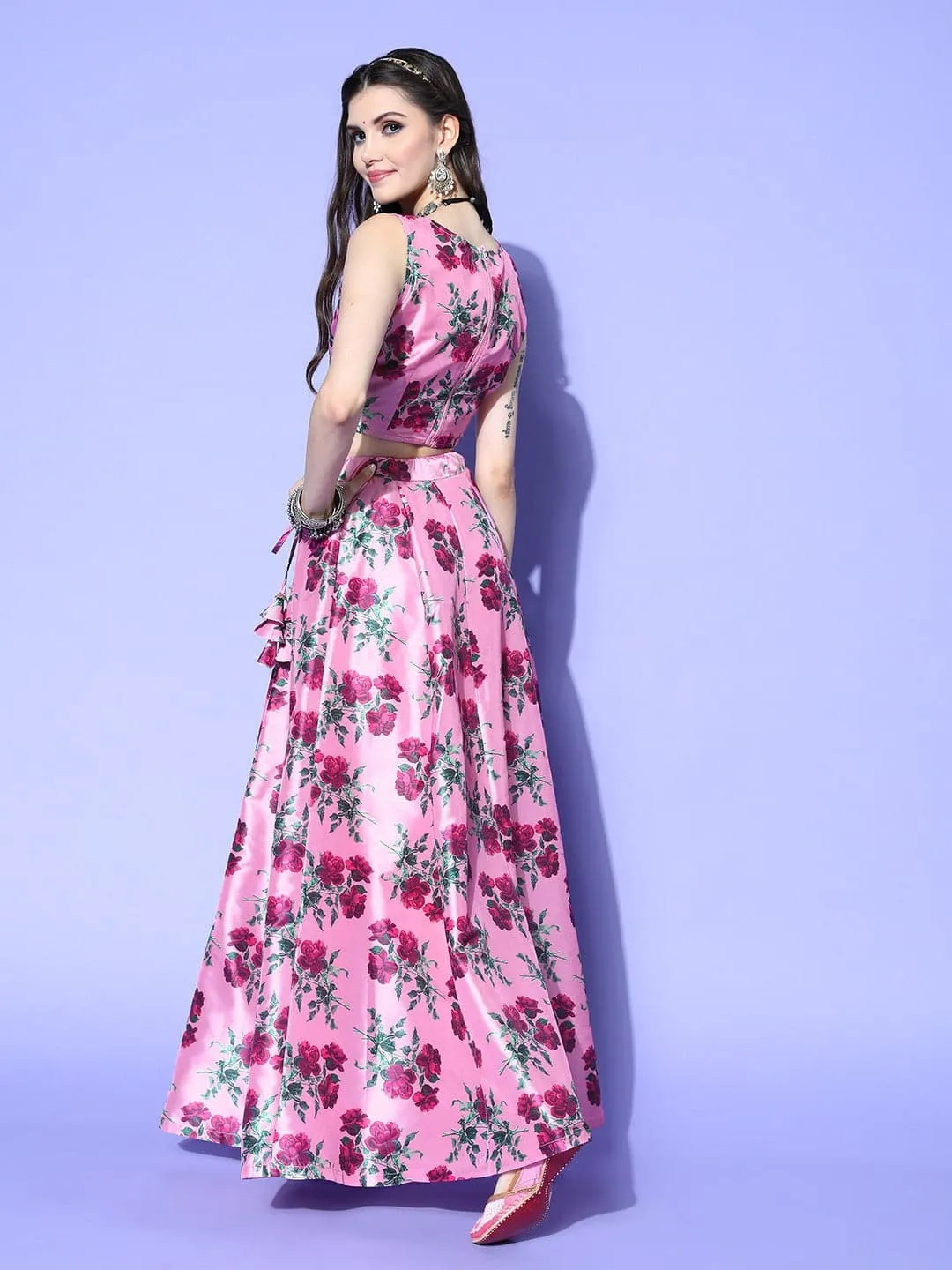 Women Pink Floral Crop Top With Anarkali Skirt