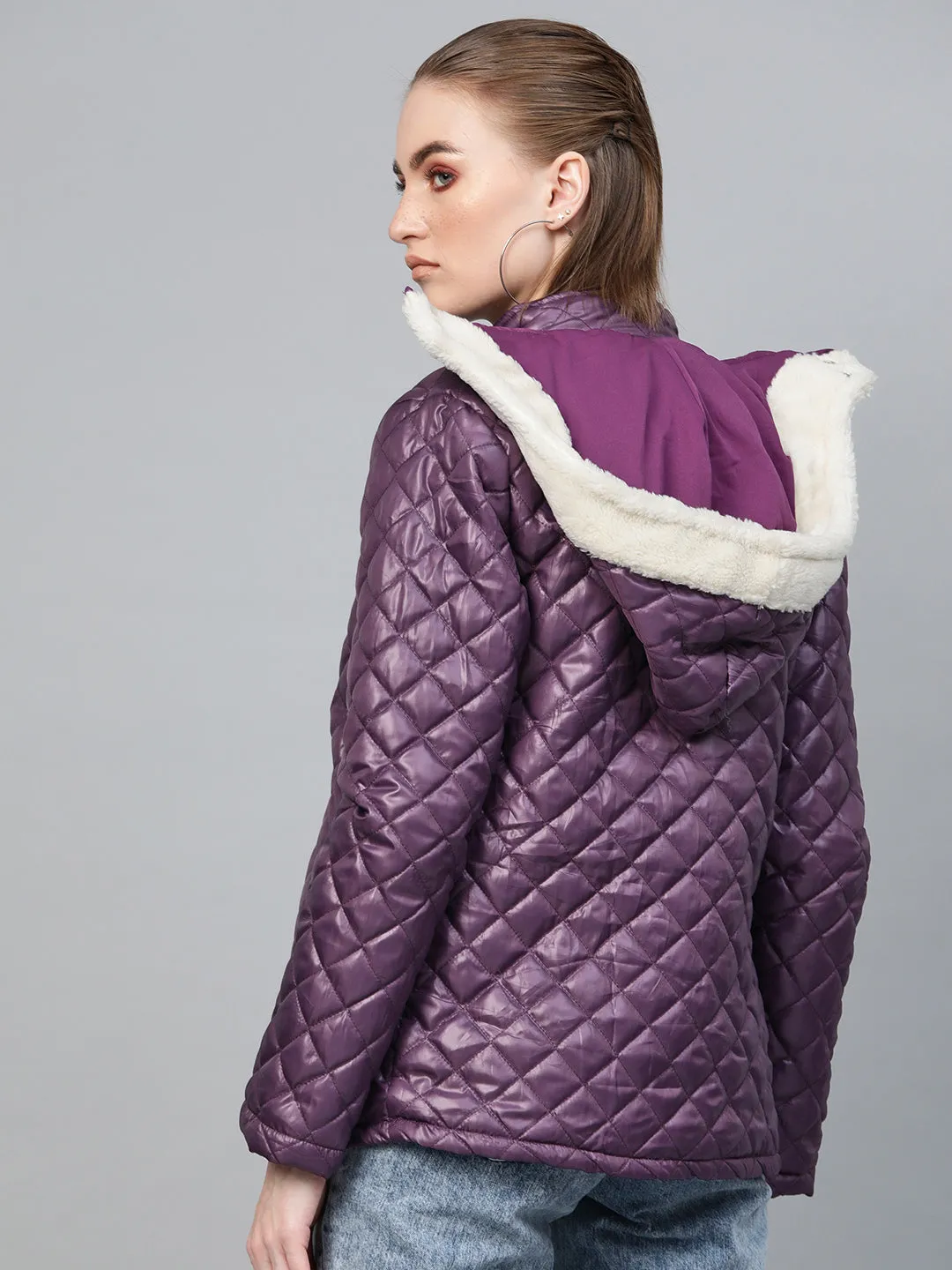 Women Purple Quilted Fur-Hood Parka Jacket