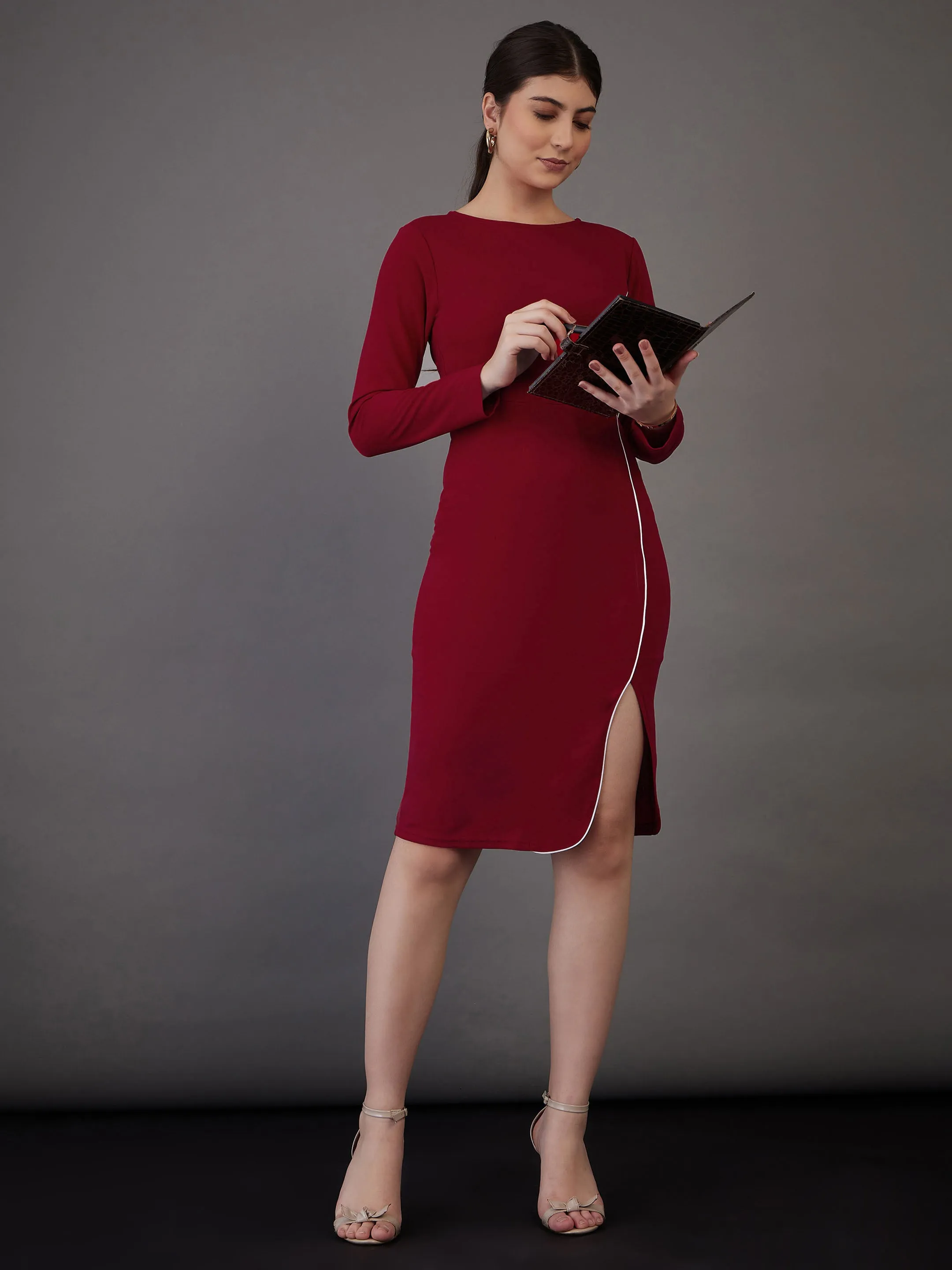 Women Red Contrast Piping Bodycon Midi Dress