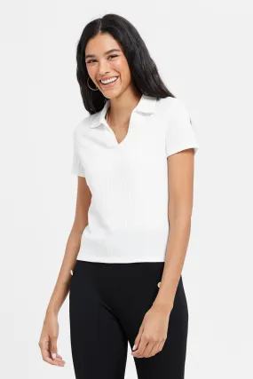 Women White Textured Polo Top