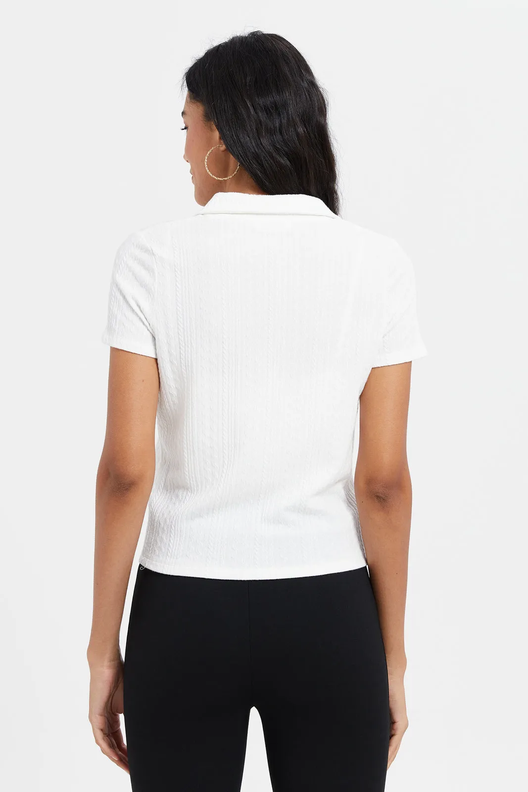 Women White Textured Polo Top