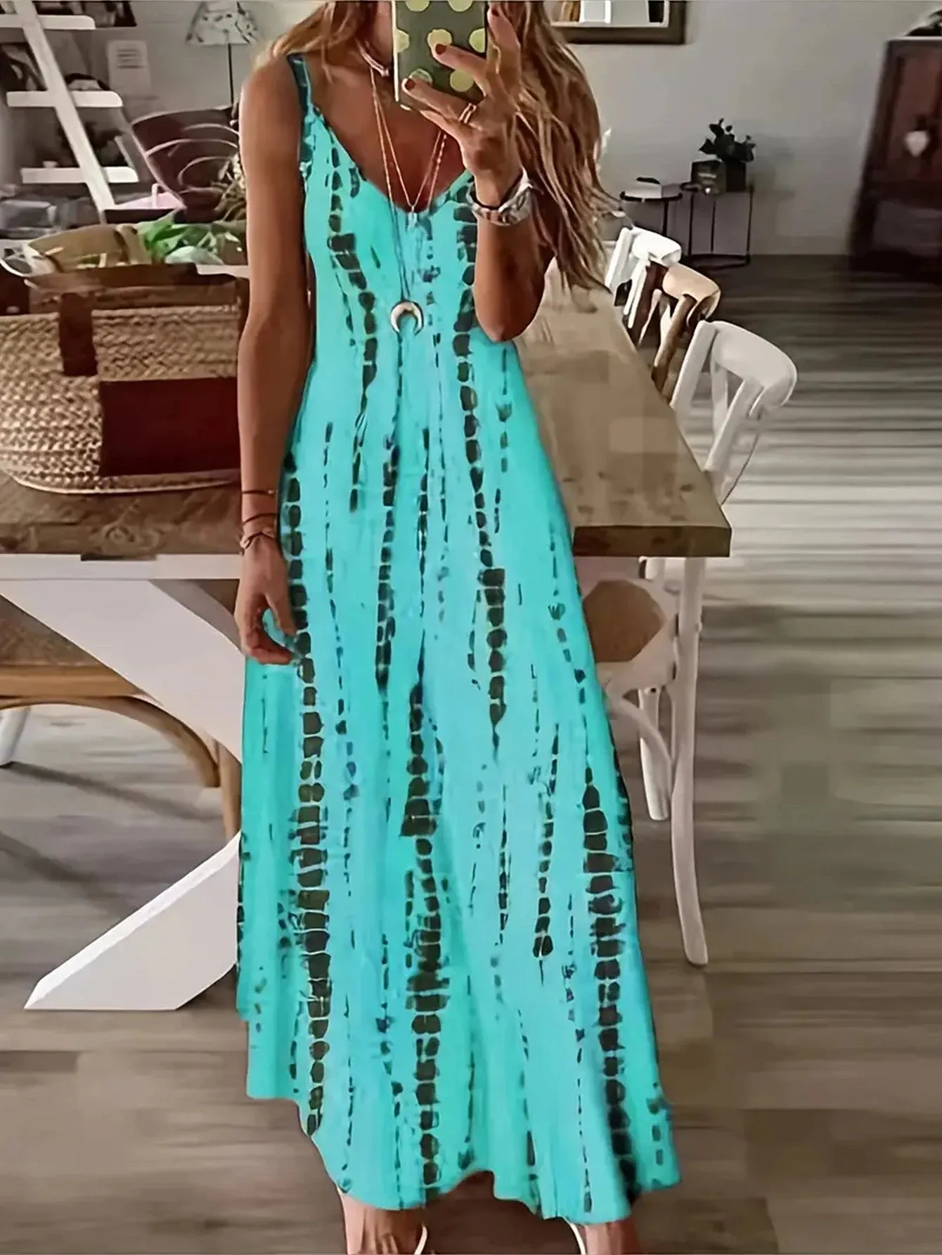 Women's Casual Loose V-neck Tie Dye Printed Spaghetti Maxi Dress Summer Beach Vacation Long Dress