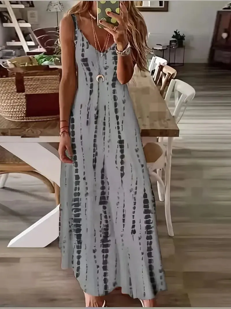 Women's Casual Loose V-neck Tie Dye Printed Spaghetti Maxi Dress Summer Beach Vacation Long Dress