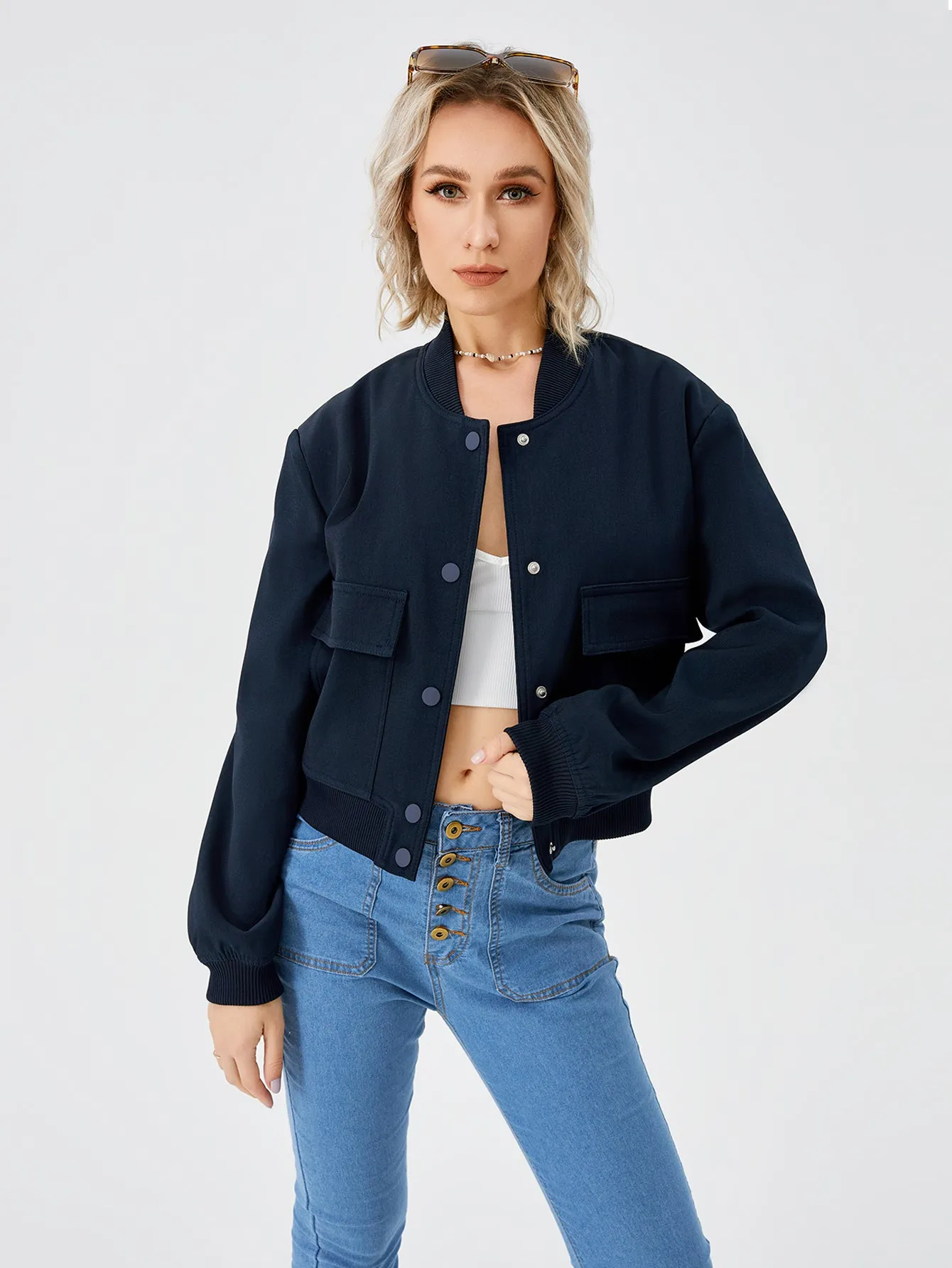 Women's Lightweight Cropped Bomber Jacket Casual Long Sleeve Varsity Jacket With Pocket Fashion Y2k Jacket Streetwear