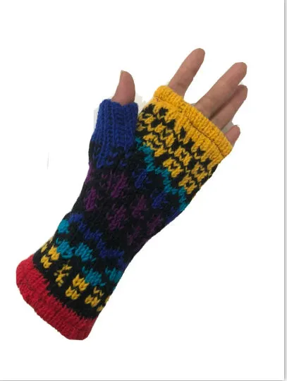 Wool Knit Fleece Lined  Wrist Warmers - Mismatch Black