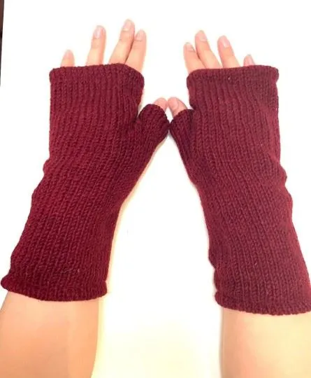 Wool Knit Fleece Lined  Wrist Warmers - Plain Maroon